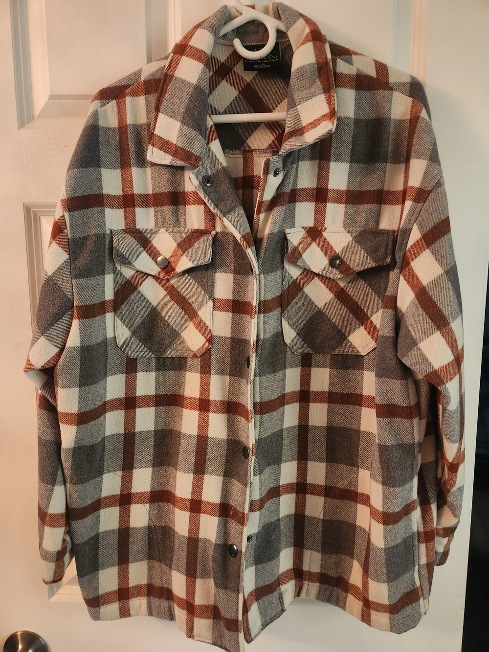 Plaid Button-Up Shacket in Brown, Gray & Cream, Large